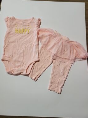 Carter’s Baby Girl 3Pc Outfit Set 9M Pink “Happy” Bodysuit Tutu Skirt & Leggings